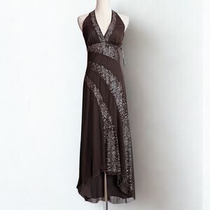 Y2K Rampage Brown Sequin Halter Maxi Dress Formal Prom Gown NWT Medium Deadstock